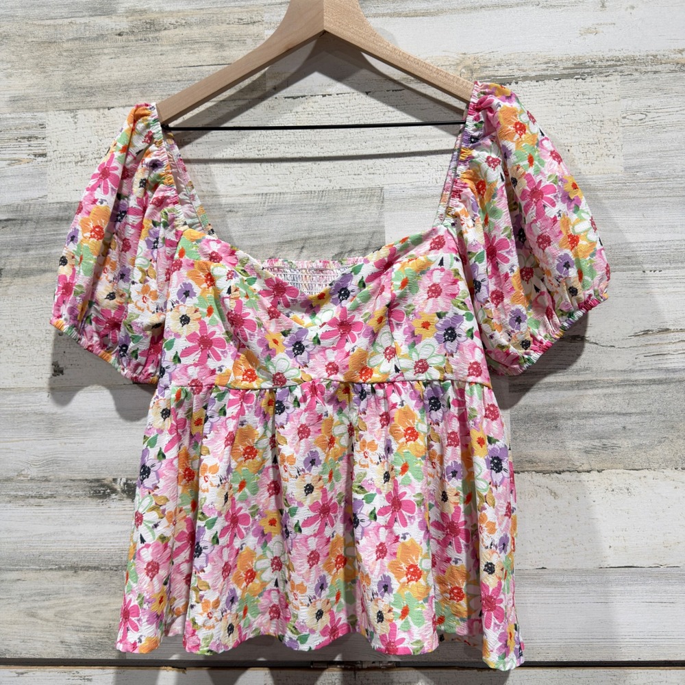 SHEIN Blouse Women XL Pink Floral Puff Sleeve Smocked Peplum Cottagecore EUC